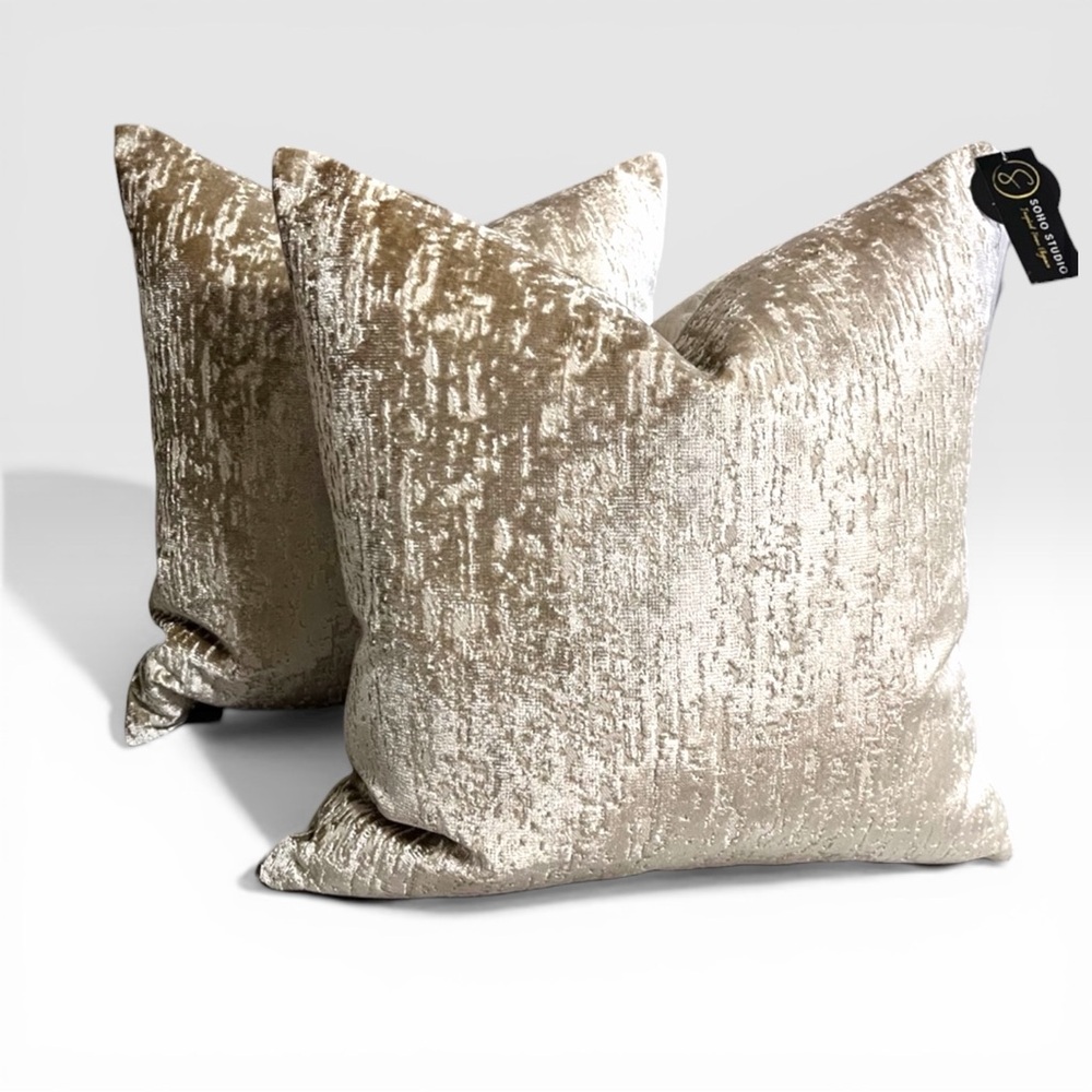 2 Soho Studio 23x23 Light Ivory Gold Metallic Foil Pattern Velvet Decor Pillows
